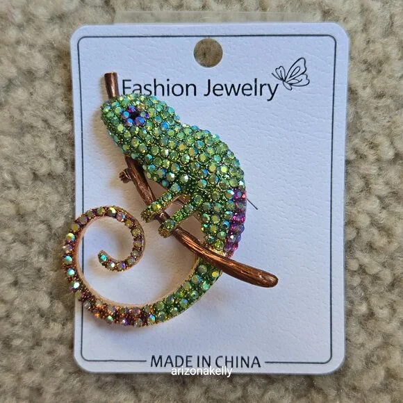 NEW Rhinestone Gem Chameleon Brooch Pin - Picture 4 of 5